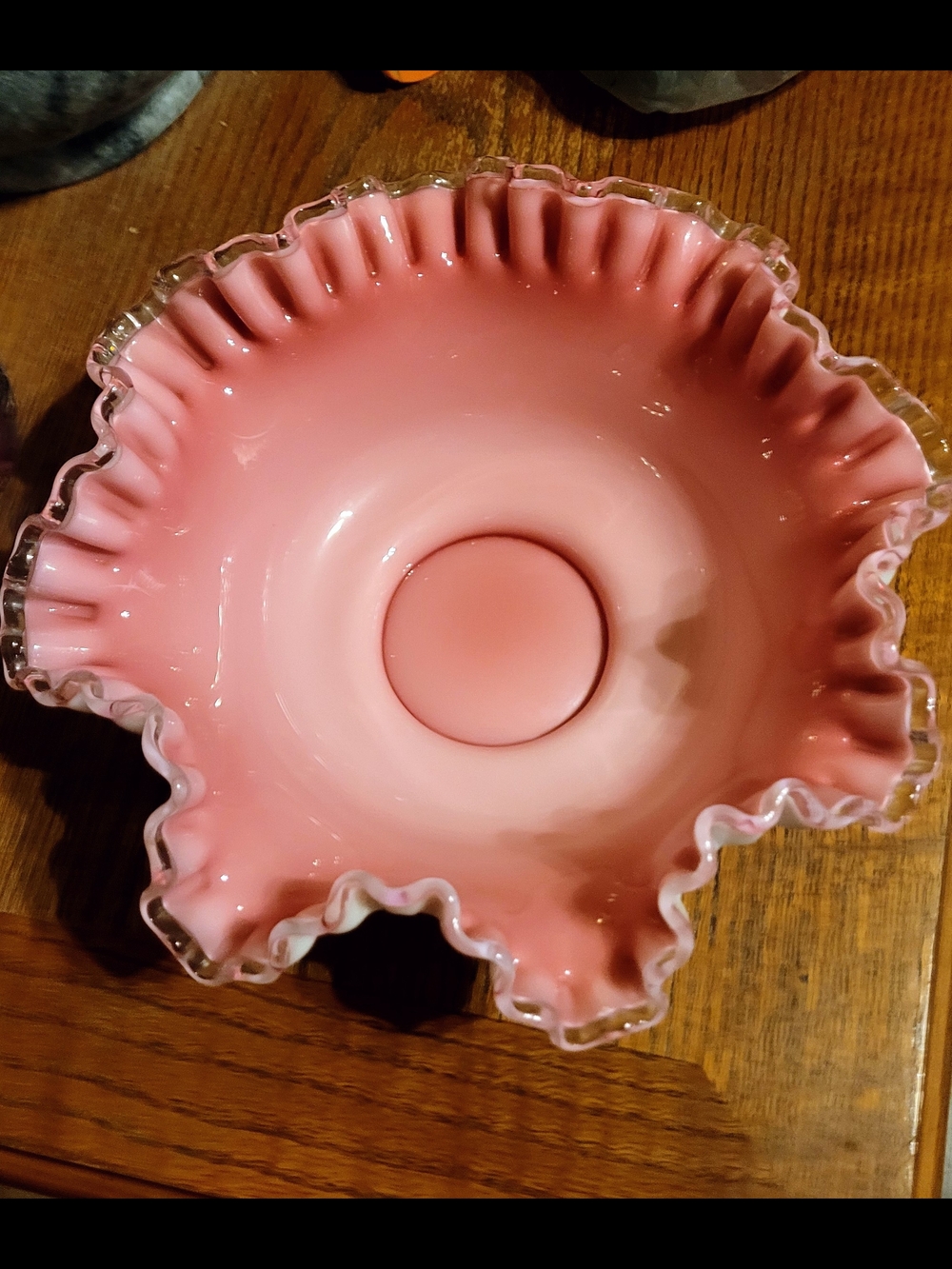 Mcm Fenton Ruffled Pink Glass Vase with Clear Crimped Edge